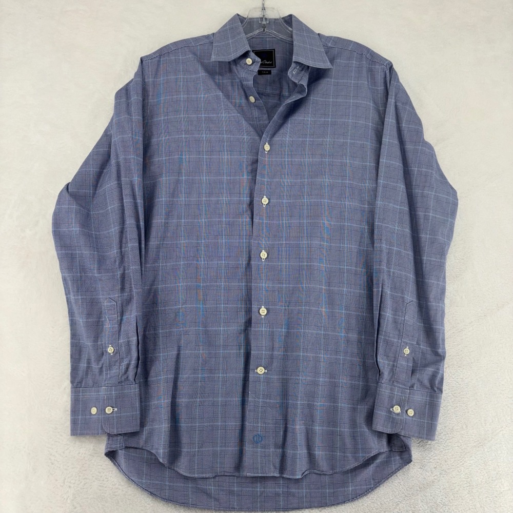 David Donahue Mens Blue Glen Plaid Trim Fit Dress Shirt 15 32/33 Cotton